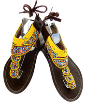 Load image into Gallery viewer, yellow beaded sandals top view
